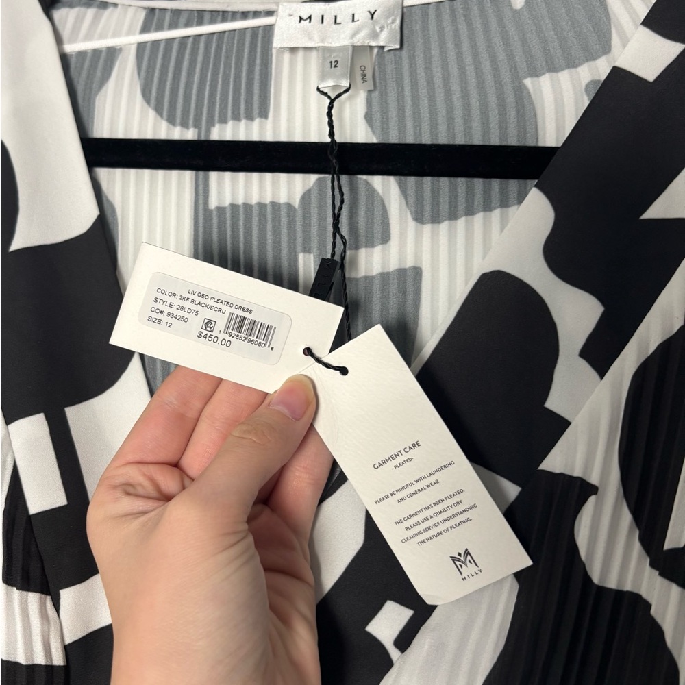 NWT Milly LIV GEO PLEATED MINI DRESS black & White Size 12 - Picture 7 of 8